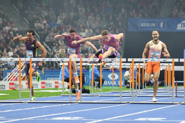 BERLIN, GERMANY - MARCH 6: Job GEERDS (NED), 60m Hurdles Men, Damian CZYKIER (POL), 60m Hurdles Men, Jakub SZYMAŃSKI (POL), 60m Hurdles Men, Michael OBASUYI (BEL), 60m Hurdles Men, during the ISTAF Indoor Berlin at Uber Arena Berlin, March 6, 2026 in Berlin, Germany. Berlin Germany Copyright: xO.Frankex