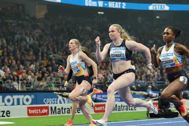 BERLIN, GERMANY - MARCH 6: Sina MAYER (GER), 60m Women, Philina Marianne SCHWARTZ (GER), 60m Women, Sade MCCREATH (CAN), 60m Women, during the ISTAF Indoor Berlin at Uber Arena Berlin, March 6, 2026 in Berlin, Germany. Berlin Germany Copyright: xO.Frankex
