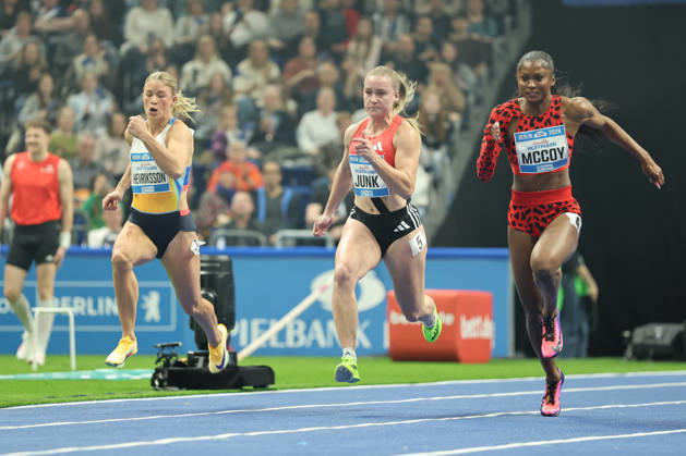 BERLIN, GERMANY - MARCH 6: Julia HENRIKSSON (SWE), 60m Women, Sophia JUNK (GER), 60m Women, Maia MCCOY (USA), 60m Women, during the ISTAF Indoor Berlin at Uber Arena Berlin, March 6, 2026 in Berlin, Germany. Berlin Germany Copyright: xO.Frankex