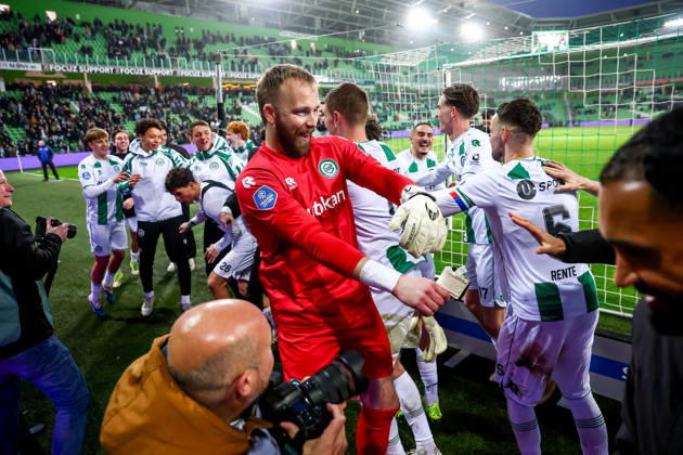 2026-03-07 FC Groningen v Ajax - Dutch Eredivisie GRONINGEN, NETHERLANDS - MARCH 7: players of FC Groningen celebrate the win during the Dutch Eredivisie match between FC Groningen and Ajax at Stadion Euroborg on March 7, 2026 in Groningen, Netherlands. Groningen Stadion Euroborg Netherlands Content not available for redistribution in The Netherlands directly or indirectly through any third parties. Copyright: xPieterxvanxderxWoudex