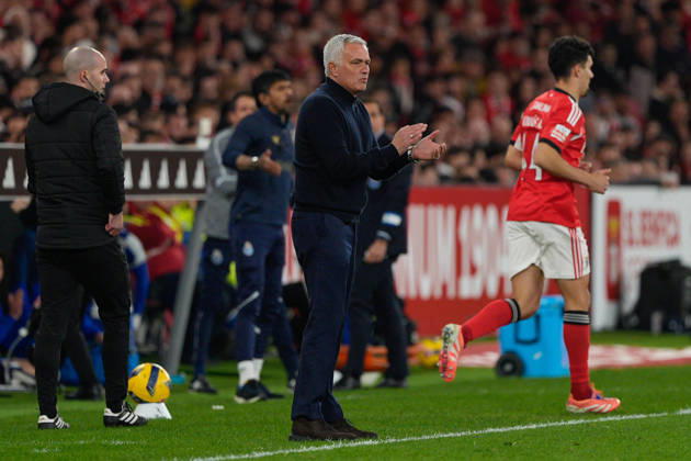 March 8, 2026, Lisbon, Portugal: Jose Mourinho, SL Benfica Coach, (C) and Tomas Araujo of SL Benfica (R) in action during Liga Portugal Betclic football match between SL Benfica and FC Porto at Estadio da Luz..Final score: SL Benfica 2:2 FC Porto SL Benfica Vs FC Porto In Lisbon, Portugal - 8 Mar 2026  - ZUMAs197 20260308_aaa_s197_370 Copyright: xBrunoxdexCarvalhox