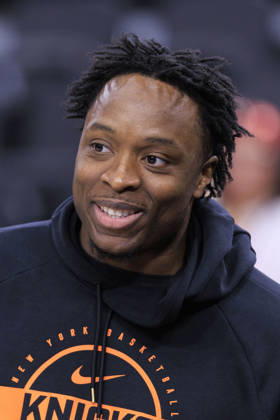 March 9, 2026, Inglewood, California, USA: OG Anunoby 8 of the New York Knicks during warm ups prior to their regular season NBA, Basketball Herren, USA game against the Los Angeles Clippers on Monday March 9, 2026 at Intuit Dome in Inglewood, California. ARIANA RUIZ PI Inglewood USA - ZUMAp124 20260309_zaa_p124_038 Copyright: xArianaxRuizx