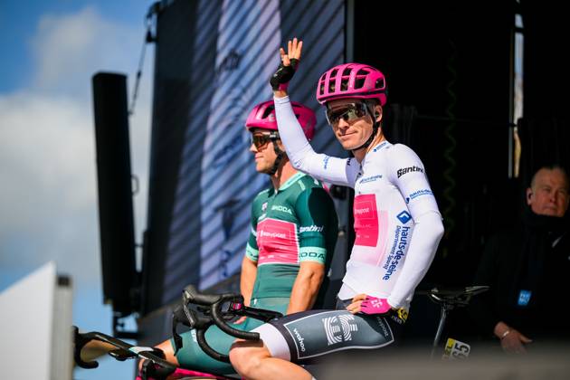German Georg Steinhauser of EF Education-EasyPost wearing the white jersey for best young rider pictured before the start of the fifth stage of 84th edition of the Paris-Nice cycling race, a race from Cormoranche-sur-Saone to Colombier-le-Vieux (205,4km), on Thursday 12 March 2026. DAVIDxPINTENS  x167249335x