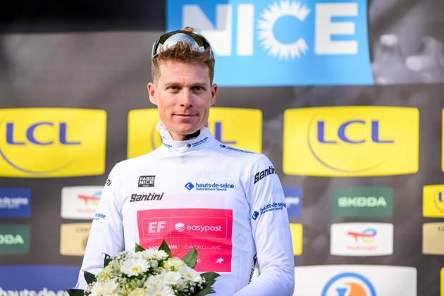 German Georg Steinhauser of EF Education-EasyPost celebrates in the white jersey for best young rider after the sixth stage of 84th edition of the Paris-Nice cycling race, a race from Barbentane to Apt (179,3 km), on Friday 13 March 2026. DAVIDxPINTENS  x167375830x