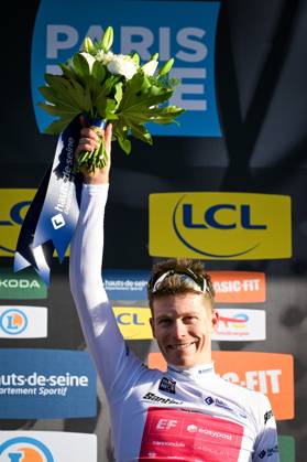German Georg Steinhauser of EF Education-EasyPost celebrates on the podium in the white jersey for best young rider after the final stage of 84th edition of the Paris-Nice cycling race, a race from Nice to Nice (129,2 km), on Sunday 15 March 2026. DAVIDxPINTENS  x167587739x