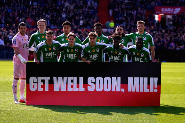 Eredivisie: Feyenoord Rotterdam v Excelsior Rotterdam Rotterdam - Casper Widell of Excelsior Rotterdam, Lewis Schouten of Excelsior Rotterdam, Ilias Bronkhorst of Excelsior Rotterdam, Goalkeeper Stijn van Gassel of Excelsior Rotterdam, Jerolldino Bergraaf of Excelsior Rotterdam, Irakli Yegoian of Excelsior Rotterdam, Gyan de Regt of Excelsior Rotterdam, Noah Naujoks of Excelsior Rotterdam, Lennard Hartjes of Excelsior Rotterdam, Derensili Sanches Fernandes of Excelsior Rotterdam, Arthur Zagre of Excelsior Rotterdam during the 2025 2026 Eredivisie season. The match is set between Feyenoord v Excelsior Rotterdam Eredivisie 2025-2026D at De Kuip on 15 March 2026 in Rotterdam, The Netherlands. (VK Sportphoto Danny de Groot) Copyright: xDannyxdexGrootx
