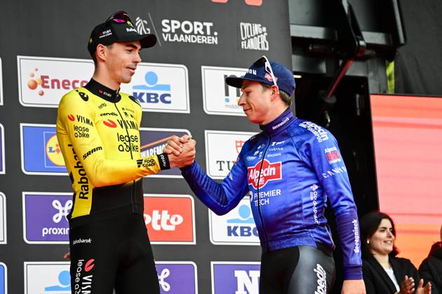 In Flanders Fields From Middelkerke to Wevelgem 2026 Cycling Race WEVELGEM, BELGIUM - MARCH 29 : Laporte Christophe (FRA) of Team Visma Lease a Bike, Philipsen Jasper (BEL) of Alpecin Premier Tech on the podium during the 88th edition of In Flanders Fields From Middelkerke to Wevelgem an UCI World Tour 1.UWT one day cycling road race for Men Elite of 240 km with start in Middelkerke and finish in Wevelgem on March 29, 2026 in Wevelgem, Belgium, 29 03 2026 ( Motordriver Guy De Vuyst - Wevelgem Belgium Copyright: xJanxDexMeuleneirx
