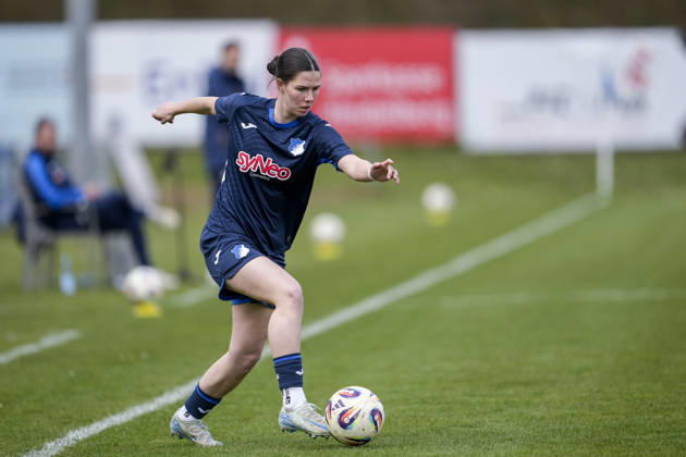 Victoria Säring TSG II, 27 , on the ball, cropped, full body, single image, single photo, action, action, 29 03 2026, St Leon Rot Germany , Soccer, Women, Regionalliga Süd, TSG 1899 Hoffenheim U20 SV 67 Weinberg, 29 03 2026, St Leon Rot Germany , Soccer, Women, Regionalliga Süd, TSG 1899 Hoffenheim U20 SV 67 Weinberg, DFB DFL REGULATIONS PROHIBIT ANY USE OF PHOTOGRAPHS AS IMAGE SEQUENCES AND OR QUASI VIDEO xozx