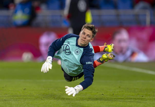 27 03 2026, Friendly international soccer match, Switzerland Germany, at St Jakob Park stadium in Basel Switzerland Goalkeeper Finn Dahmen Germany warming up