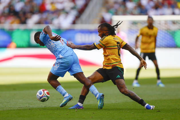 RD Congo v Jamaica - 2026 FIFA World Cup, WM, Weltmeisterschaft, Fussball Qualifying ZAPOPAN, MEXICO- MARCH 31: Noah Sadiki (L) of RD Congo fights for the ball with Kasey Palmer (R) of Jamaica during a World Cup 2026 playoff qualifying football match between RD Congo and Jamaica, at the Guadalajara Stadium in Zapopan, Mexico on March 31, 2026. Stringer Anadolu Zapopan Mexico. Editorial use only. Please get in touch for any other usage.  Copyright: x2026xAnadoluxStringerx