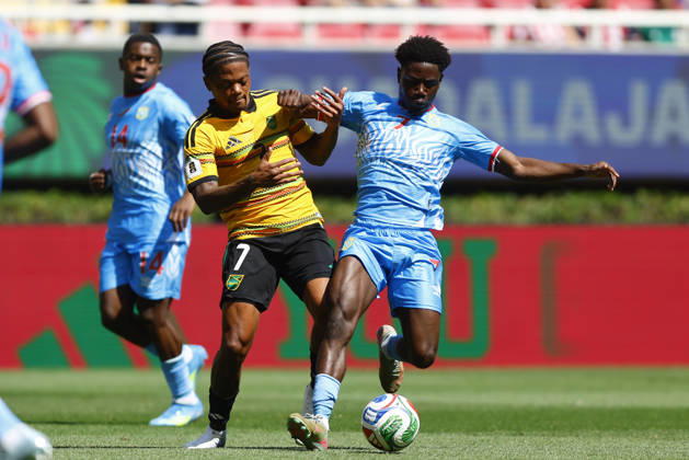 RD Congo v Jamaica - 2026 FIFA World Cup, WM, Weltmeisterschaft, Fussball Qualifying ZAPOPAN, MEXICO- MARCH 31: Nathanael Mbuku (R) of RD Congo fights for the ball with Leon Bailey (L) of Jamaica during a World Cup 2026 playoff qualifying football match between RD Congo and Jamaica, at the Guadalajara Stadium in Zapopan, Mexico on March 31, 2026. Stringer Anadolu Zapopan Mexico. Editorial use only. Please get in touch for any other usage.  Copyright: x2026xAnadoluxStringerx