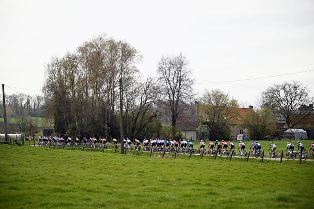 The pack of riders pictured in action during the men elite race of the Dwars Door Vlaanderen cycling event, 184,6km from Roeselare to Waregem, Wednesday 01 April 2026. POOLxTOMASxSISK x169505021x