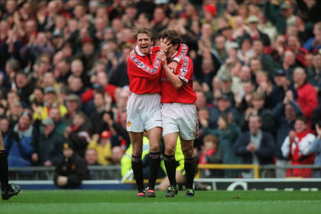 Manchester United, ManU V Everton, Premier League David Beckham of Manchester United and Gary Neville of Manchester United celebrate during the Premier League match between Manchester United and Everton at Old Trafford on March 21, 1999 in Manchester, England. Manchester Old Trafford England United Kingdom Copyright: xAllstarxPicturexLibraryxLtdx