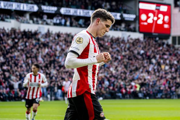 Guus Til of PSV Eindhoven celebrates after scoring his teams third goal PSV Eindhoven v FC Utrecht, Eredivisie, PSV v FC Utrecht, Philips Stadion, April 4, 2026, Eindhoven, Netherlands.