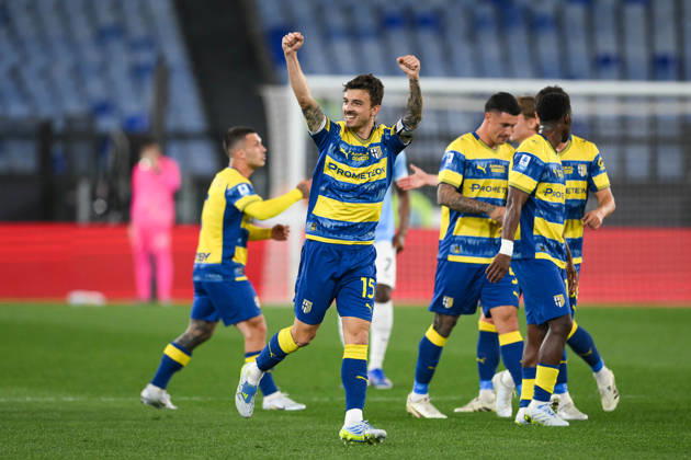 Foto IPP Roberto Ramaccia Roma 4 4 2026 Campionato di Calcio Serie A 2025 2026 Lazio vs Parma Nella foto Enrico Delprato of Parma esulta dopo aver segnato il gol del 0-1 Italy Photo Press - World Copyright Roma italy Italia ITALY Copyright: xR4924_italyphotopressx