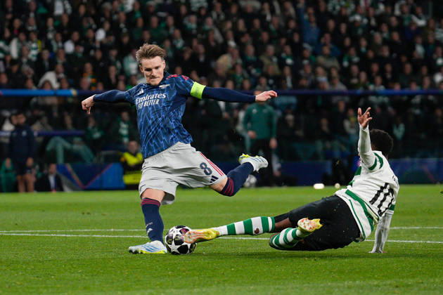 Sporting CP Vs Arsenal FC in Lisbon, Portugal - 07 Apr 2026 Martin Odegaard of Arsenal FC (L) and Geny Catamo of Sporting CP (R) seen in action during the UEFA Champions League 2025 26 Quarter-finals 1st leg between Sporting CP and Arsenal FC at Estadio Jose Alvalade. Final score: Sporting CP 0:1 Arsenal FC Lisbon Portugal Copyright: xBrunoxdexCarvalhox xSOPAxImagesx brunodecarvalho_sportingarsenal-150