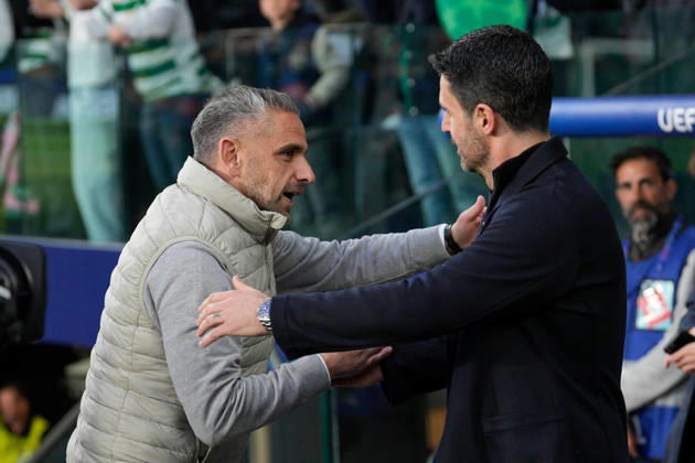 Sporting CP Vs Arsenal FC in Lisbon, Portugal - 07 Apr 2026 Rui Borges, Sporting CP Coach, (L) and Mikel Arteta, Arsenal FC Coach, (R) seen during the UEFA Champions League 2025 26 Quarter-finals 1st leg between Sporting CP and Arsenal FC at Estadio Jose Alvalade. Final score: Sporting CP 0:1 Arsenal FC Lisbon Portugal Copyright: xBrunoxdexCarvalhox xSOPAxImagesx brunodecarvalho_sportingarsenal-35