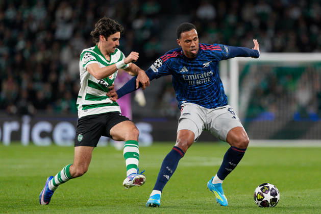 Sporting CP Vs Arsenal FC in Lisbon, Portugal - 07 Apr 2026 Francisco Trincao of Sporting CP (L) and Gabriel Magalhaes of Arsenal FC (R) seen in action during the UEFA Champions League 2025 26 Quarter-finals 1st leg between Sporting CP and Arsenal FC at Estadio Jose Alvalade. Final score: Sporting CP 0:1 Arsenal FC Lisbon Portugal Copyright: xBrunoxdexCarvalhox xSOPAxImagesx brunodecarvalho_sportingarsenal-812