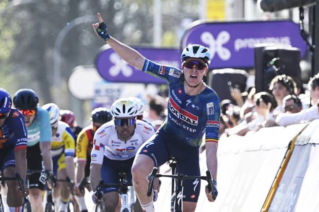 Belgian Tim Merlier of Soudal Quick-Step celebrates after winning the men s race of the Scheldeprijs one day cycling event, 205,2km from Terneuzen, the Netherlands to Schoten, Belgium on Wednesday 08 April 2026. TOM GOYVAERTS TomxGoyvaerts x170205919x