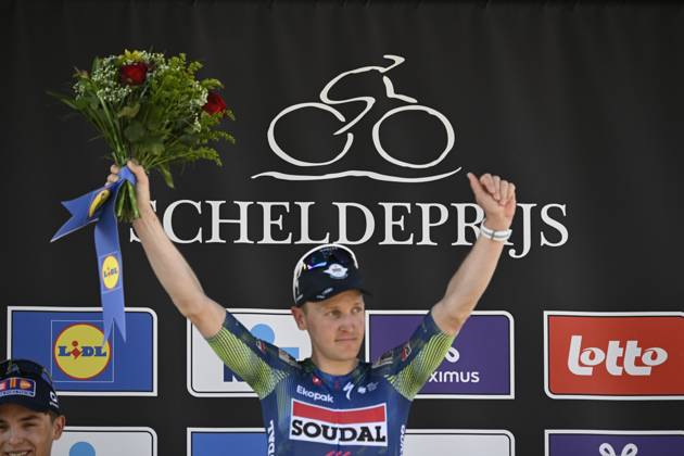 Belgian Tim Merlier of Soudal Quick-Step celebrates on the podium after winning the men s race of the Scheldeprijs one day cycling event, 205,2km from Terneuzen, the Netherlands to Schoten, Belgium on Wednesday 08 April 2026. TOM GOYVAERTS TomxGoyvaerts x170208711x