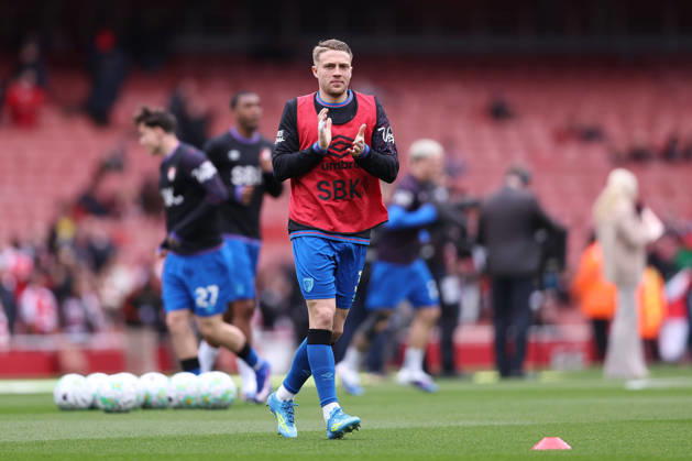 11th April 2026; Emirates Stadium, London, England; Premier League Football, Arsenal versus Bournemouth; Adrien Truffert of Bournemouth applauding the fans as he warms up ahead of kick-off KatiexChan