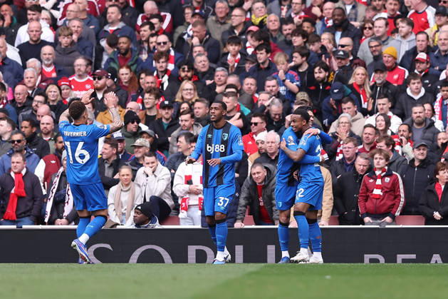 11th April 2026; Emirates Stadium, London, England; Premier League Football, Arsenal versus Bournemouth; Eli Junior Kroupi of Bournemouth celebrates his goal in the 17th minute for 0-1 KatiexChan