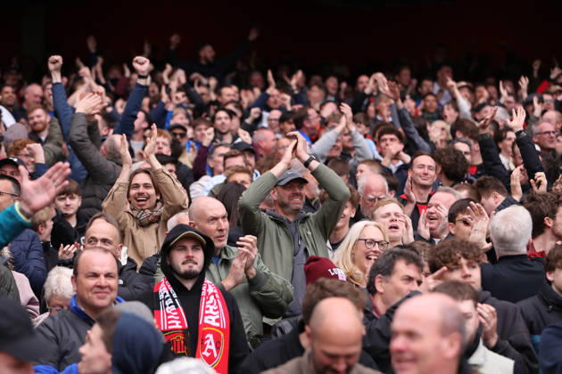 11th April 2026; Emirates Stadium, London, England; Premier League Football, Arsenal versus Bournemouth; Bournemouth fans celebrate a Bournemouth goal KatiexChan