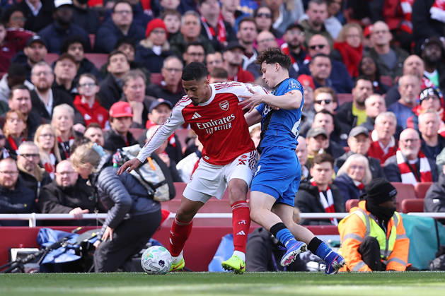 11th April 2026; Emirates Stadium, London, England; Premier League Football, Arsenal versus Bournemouth; William Saliba of Arsenal holds onto the ball under pressure from Alex Toth of Bournemouth KatiexChan