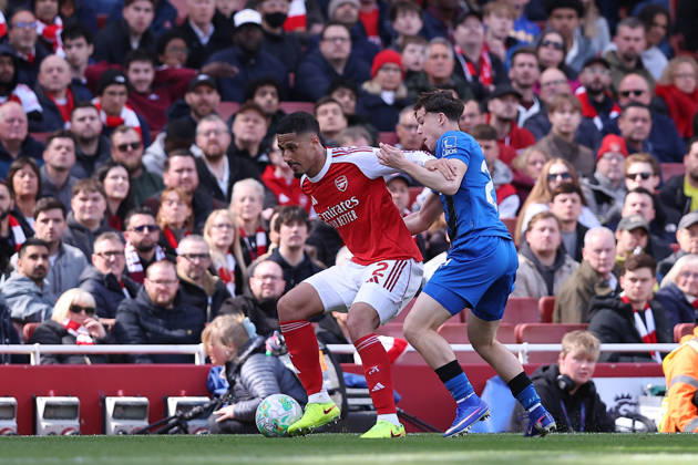 11th April 2026; Emirates Stadium, London, England; Premier League Football, Arsenal versus Bournemouth; William Saliba of Arsenal holds onto the ball under pressure from Alex Toth of Bournemouth KatiexChan
