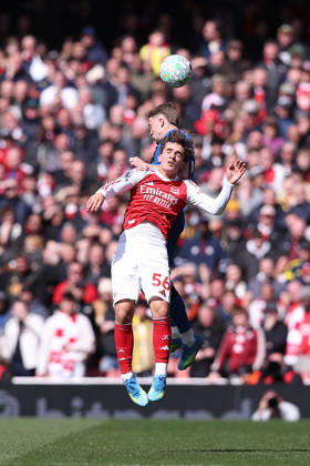 11th April 2026; Emirates Stadium, London, England; Premier League Football, Arsenal versus Bournemouth; Max Dowman of Arsenal and Adrien Truffert of Bournemouth jump for a header KatiexChan
