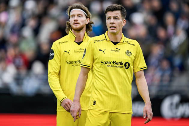 Eliteserien in football 2026 Viking Bodo Glimt Stavanger 20260411 Bodo Glimts Jostein Gundersen and Kasper Hogh during the elite football match between Viking and Bodo Glimt at Lyse Arena in Stavanger Photo Carina Johansen NTB Stavanger Norway EDITORIAL USE ONLY RESTRICTED USE FOR BETTING COMPANIES Copyright: xCarinaxJohansenx xNTBx