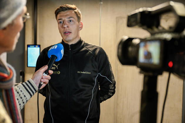 Eliteserien in football 2026 Viking Bodo Glimt Stavanger 20260411 Bodo Glimts Jostein Gundersen in the mixed zone after the elite series football match between Viking and Bodo Glimt at Lyse Arena in Stavanger Photo Carina Johansen NTB Stavanger Norway EDITORIAL USE ONLY RESTRICTED USE FOR BETTING COMPANIES Copyright: xCarinaxJohansenx xNTBx