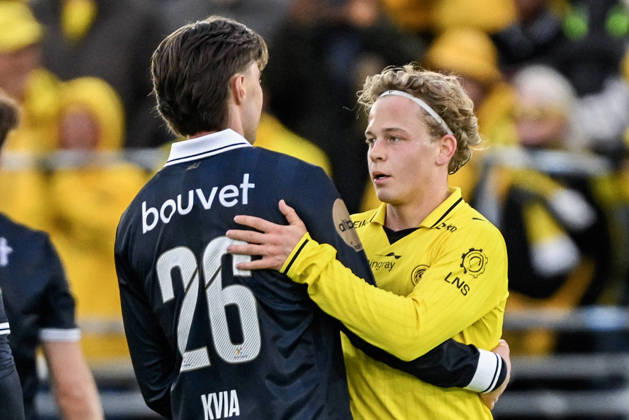 Eliteserien in football 2026 Viking Bodo Glimt Stavanger 20260411 Vikings Simen Kvia Egeskog and Bodo Glimts Sondre Auklend after the end of the elite series football match between Viking and Bodo Glimt at Lyse Arena in Stavanger Photo Carina Johansen NTB Stavanger Norway EDITORIAL USE ONLY RESTRICTED USE FOR BETTING COMPANIES Copyright: xCarinaxJohansenx xNTBx