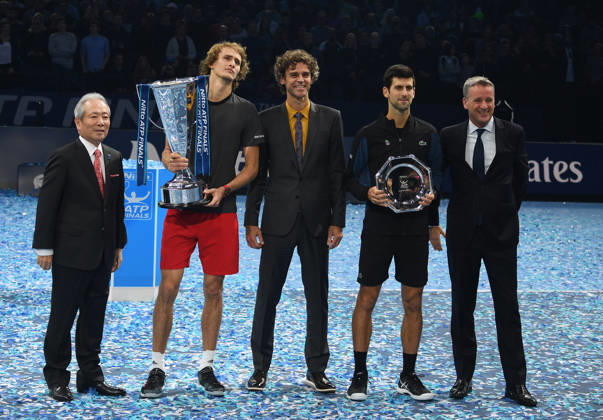 London ATP, Tennis Herren Nitto Masters 2018 London O2 Arena Nitto ATP Masters Finals 18 11 2018 ATP President Chris Kermode( rt) at Masters Trophy presentation Sascha Zverev, Novak Djokovic, Gustavo Kuerten. London England Copyright: xRogerxParkerx