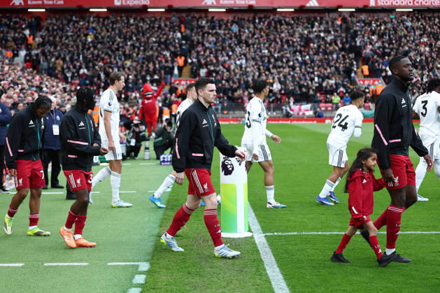 Liverpool, England, 11th April 2026. Andrew Robertson of Liverpool during the Liverpool vs Fulham Premier League match at Anfield, Liverpool. Picture credit should read: David Klein Sportimage EDITORIAL USE ONLY. No use with unauthorised audio, video, data, fixture lists, club league logos or live services. Online in-match use limited to 120 images, no video emulation. No use in betting, games or single club league player publications. SPI_DK_007_Liverpool_Fulham SPI-4679-0007