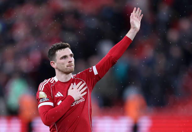 Liverpool, England, 11th April 2026. Andrew Robertson of Liverpool during the Liverpool vs Fulham Premier League match at Anfield, Liverpool. Picture credit should read: David Klein Sportimage EDITORIAL USE ONLY. No use with unauthorised audio, video, data, fixture lists, club league logos or live services. Online in-match use limited to 120 images, no video emulation. No use in betting, games or single club league player publications. SPI_DK_047_Liverpool_Fulham SPI-4679-0047