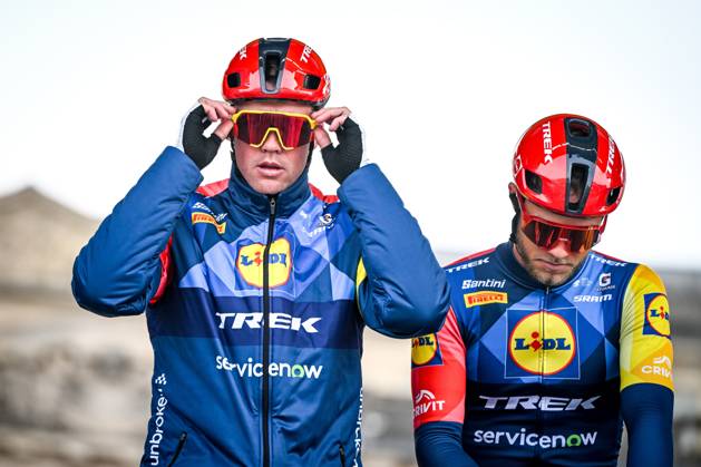Danish Mads Pedersen of Lidl-Trek and Italian Jonathan Milan of Lidl-Trek pictured at the start of the men s Paris-Roubaix cycling race, Sunday 12 April 2026, around Roubaix, France. The 123rd edition of Paris-Roubaix cycling races will take on Sunday, with the women riding 143,1 km the men riding 258,3 km on Sunday. ELIASxROM x170551151x