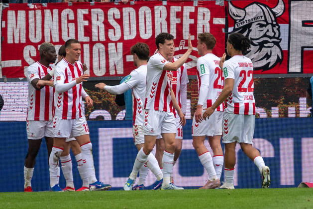 Cologne players celebrate the 2-0 goal by Ragnar Ache 1 FC Koeln, 09 1 FC Koeln vs SV Werder Bremen, Football, 1 Bundesliga, Matchday 29, Season 2025 2026, 12 04 2026 DFL DFB Regulations prohibit any use of Photographs as image sequences and or Quasivideo 1, FC Koeln vs SV Werder Bremen, Football, 1 Bundesliga, Matchday 29, Season 2025 2026, 12 04 2026 Koeln Copyright: xEibner-Pressefoto ThomasxHaeslerx EP_THR