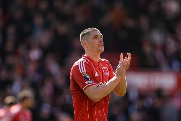 Premier League: Nottingham Forest v Aston Villa Nikola Milenkovic of Nottingham Forest applauds the fans after the final whistle during the Premier League match Nottingham Forest vs Aston Villa at City Ground, Nottingham, United Kingdom on 12 April 2026 (Photo by Maynard Manyowa News Images) Nottingham City Ground Nottinghamshire United Kingdom Copyright: xMaynardxManyowa NewsxImagesx
