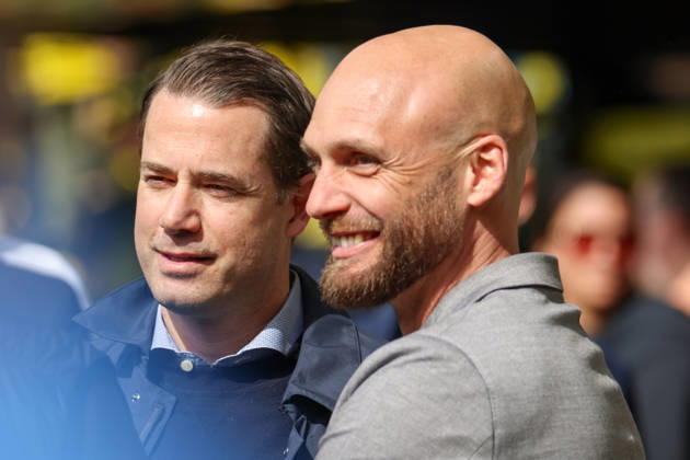 Dortmund, Germany 11 April 2026 1 Bundesliga 29 Matchday Borussia Dortmund vs Bayer Leverkusen Pictured from left BVB Managing Director Sport Lars Ricken BVB and BVB Sports Director Ole Book BVB DFL regulations prohibit any use of photographs as image sequences and or quasi video Copyright: HMBxMedia MadeleinexFantini