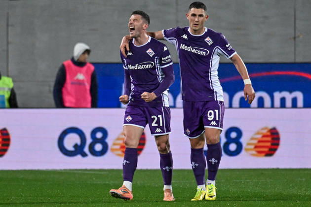 ACF Fiorentina s defender Robin Gosens celebrates after scoring a goal during ACF Fiorentina vs SS Lazio, Italian soccer Serie A match in Florence, Italy, April 13 2026 Copyright: xLisaxGuglielmi IPAxSportx xipa-agency.netx xx IPA_73954831 IPA_Agency_IPA73954831