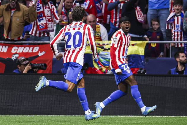 UEFA Champions League quarterfinal second leg soccer match Atletico Madrid vs FC Barcelona, Barca at Riyadh Air Metropolitano stadium in Madrid, Spain. 14 April 2026 Lookman celebrates a goal 900 Cordon Press 900 CordonxPress LOF - Champions League Atletico Madrid vs FC Barcelona