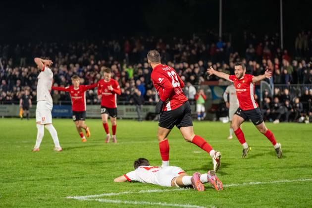Fabian Eisele SG Sonnenhof Großaspach, 23 celebrates after scoring the 0 1 with Marius Kunde SG Sonnenhof Großaspach, 16 , TSG Backnang 1919 vs SG Sonnenhof Großaspach, Soccer, WFV Cup, Semifinal, 14 04 2026 Backnang Baden Wuerttemberg Germany Copyright: xkolbert-press PhilipxZieglerx
