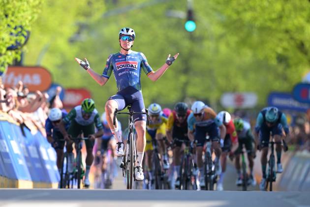 Belgian Tim Merlier of Soudal Quick-Step celebrates after winning the Ronde Van Limburg one day cycling race, from Hasselt to Tongeren-Borgloon (178,4 km) on Wednesday 15 April 2026. DAVIDxPINTENS x170895476x
