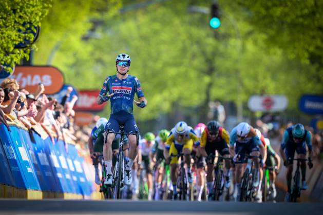 Belgian Tim Merlier of Soudal Quick-Step celebrates as he crosses the finish line to win the Ronde Van Limburg one day cycling race, from Hasselt to Tongeren-Borgloon (178,4 km) on Wednesday 15 April 2026. DAVIDxPINTENS x170897479x