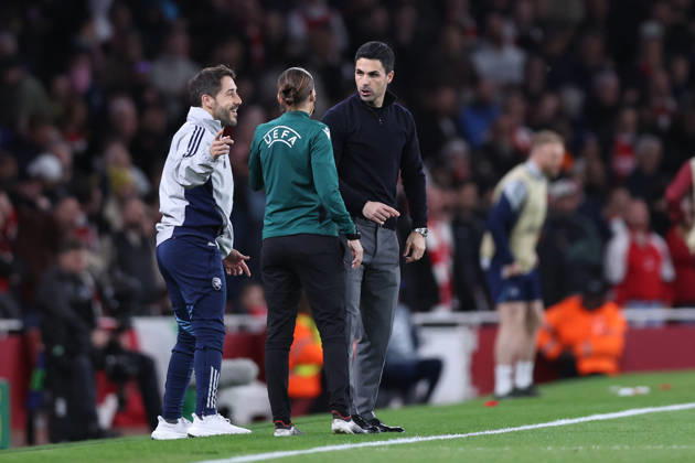 London, England, 15th April 2026. Mikel Arteta manager of Arsenal talks with fourth official Stephanie Frappart during the Arsenal vs Sporting Lisbon UEFA Champions League quarter final 2nd leg match at the Emirates Stadium, London. Picture credit should read: David Klein Sportimage EDITORIAL USE ONLY. No use with unauthorised audio, video, data, fixture lists, club league logos or live services. Online in-match use limited to 120 images, no video emulation. No use in betting, games or single club league player publications. SPI_039_DK_Arsenal_Sporting_Lisbon SPI-4686-0039