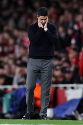 London, England, 15th April 2026. Mikel Arteta manager of Arsenal during the Arsenal vs Sporting Lisbon UEFA Champions League quarter final 2nd leg match at the Emirates Stadium, London. Picture credit should read: David Klein Sportimage EDITORIAL USE ONLY. No use with unauthorised audio, video, data, fixture lists, club league logos or live services. Online in-match use limited to 120 images, no video emulation. No use in betting, games or single club league player publications. SPI_048_DK_Arsenal_Sporting_Lisbon SPI-4686-0048