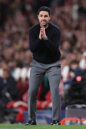 London, England, 15th April 2026. Mikel Arteta manager of Arsenal during the Arsenal vs Sporting Lisbon UEFA Champions League quarter final 2nd leg match at the Emirates Stadium, London. Picture credit should read: David Klein Sportimage EDITORIAL USE ONLY. No use with unauthorised audio, video, data, fixture lists, club league logos or live services. Online in-match use limited to 120 images, no video emulation. No use in betting, games or single club league player publications. SPI_063_DK_Arsenal_Sporting_Lisbon SPI-4686-0063