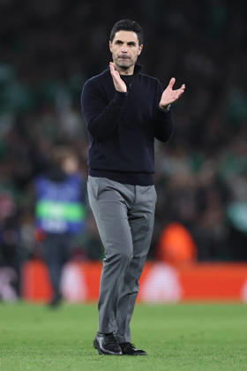 London, England, 15th April 2026. Mikel Arteta manager of Arsenal applauds the fans after the Arsenal vs Sporting Lisbon UEFA Champions League quarter final 2nd leg match at the Emirates Stadium, London. Picture credit should read: David Klein Sportimage EDITORIAL USE ONLY. No use with unauthorised audio, video, data, fixture lists, club league logos or live services. Online in-match use limited to 120 images, no video emulation. No use in betting, games or single club league player publications. SPI_070_DK_Arsenal_Sporting_Lisbon SPI-4686-0070
