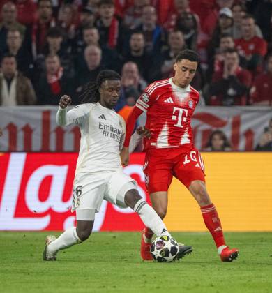 Soccer, Men, 2025 2026 season, Champions League quarter-final, second leg , FC Bayern Munich Real Madrid, v l Eduardo Camavinga Real Madrid , Jamal Musiala Bayern Munich , 15 04 2026, Copyright: xMatthiasxKochx